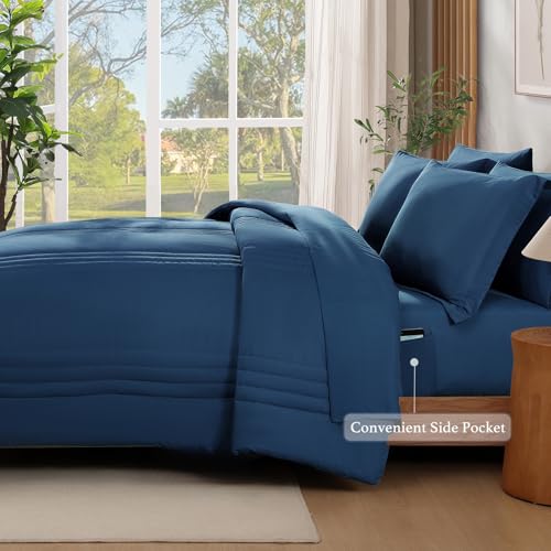 Image of Monbix King Size Comforter Set - 7 Pieces Serenity Blue Bed in a Bag, King Size Bedding Sets with Comforters, All Seasons Comforter with Sheets,Pillowcases & Shams