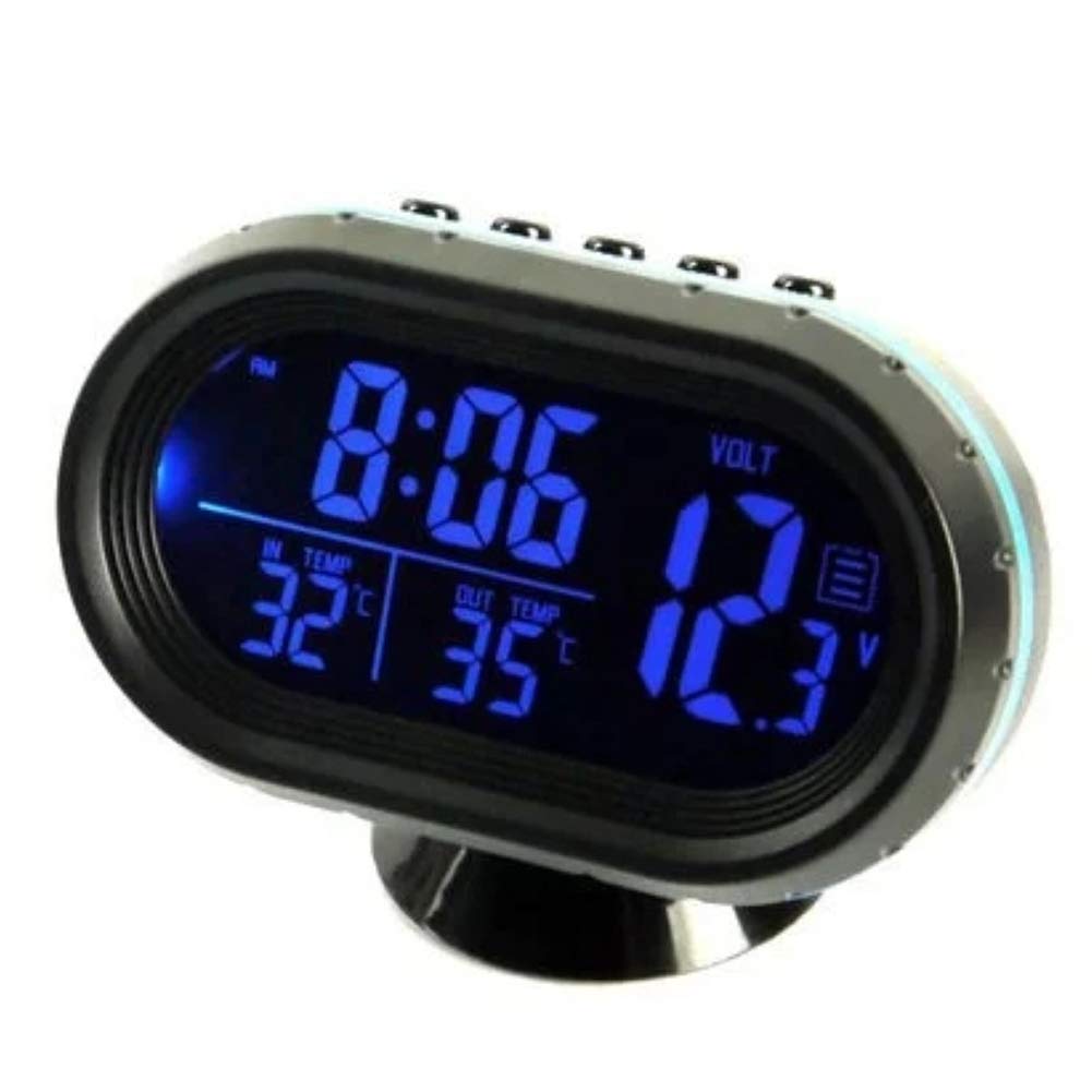 Horloge Numérique de Voiture 4-en-1, Thermomètre Intérieur/Extérieur, Voltmètre de Batterie (12V/24V) Écran LCD Bicolore