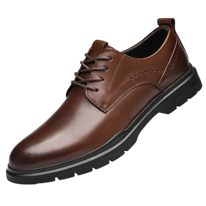 Men's Genuine Leather Platform Oxfords Men Fashion Slip-On Pointed Toe Non Slip Mid Chunky Heels Formal Dress Loafers Low Top Work Dress Shoes