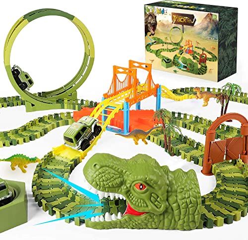 burgkidz Jouets de Piste de Course de Dinosaures avec 314 Pistes, Voitures de Course Ensemble de Jeu Circuits avec tête de Dinosaure Vocale, Platine et Boucle 360 pour Les Enfants de 3 Ans et Plus Cover