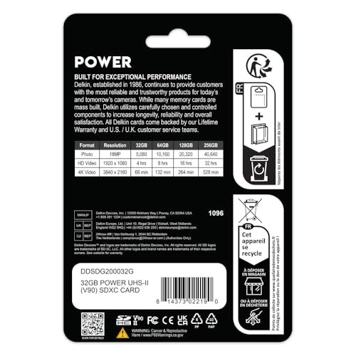 Image of Delkin Devices Power 32GB SDHC UHS-II (U3 /V90) Memory Card - 300MB /s Read, 250MB /s Write | High-Performance Card for 8K, 4K, HDR, 360º Video and Cameras