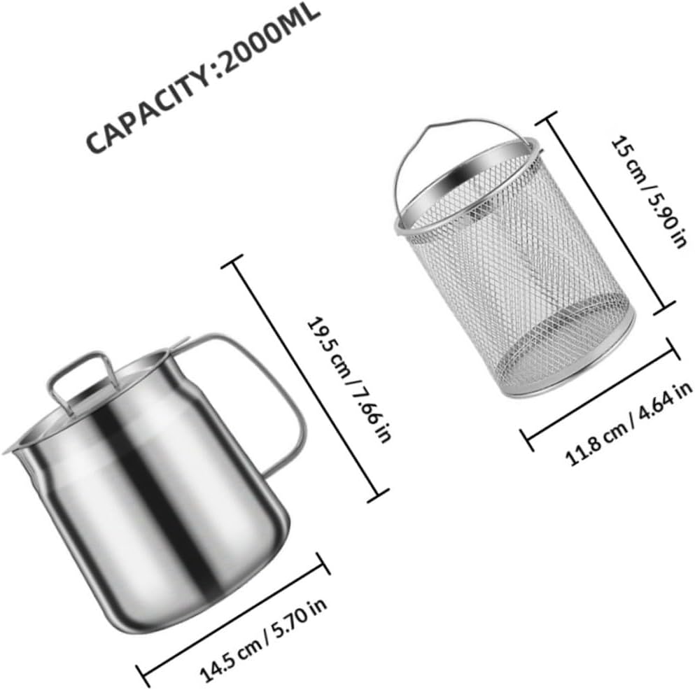 NUOBESTY 2l Stainless Steel Oil Strainer Pot with Fine Mesh Basket, Kitchen Grease Container for Deep Fryer and Bacon Fat Storage, Matte Finish Food Strainer for Cooking Oil Filtering