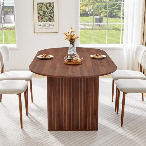 Image of weselon 78.7 inch Oval Dining Table for 6-8 People, Large Kitchen Dining Table with Fluted Pedestal Base, Modern Minimalist Dining Room Table with 3-Piece Tabletop, Walnut (Chairs Not Included)