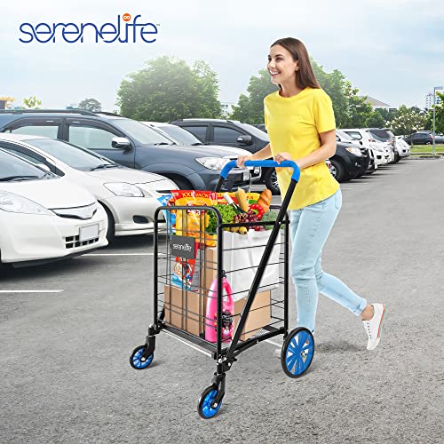 Utility Shopping Supermarket Cart, 360 Rolling Swivel Front Wheels, Collapsible Utility Cart, Heavy Duty, Portable, 3.5" D X 19.5" W X 38" H, Large Capacity 110 Lbs, Luggage, Laundry, Blue #TOP7