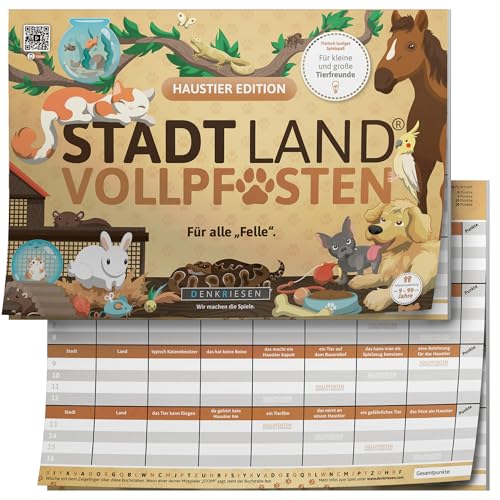 DENKRIESEN - Stadt Land VOLLPFOSTEN - Haustier Edition | DIN A4 Spielblock | Ab 9 Jahren | ab 2 Spieler | Stadt Land Fluss | Familienspiel | Spielblock für Tierfreunde | Perfekt für Partys