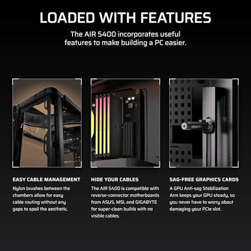 CORSAIR AIR 5400 RS-R ARGB Triple-Chamber Mid-Tower Panoramic PC Case – 3x Pre-Installed Reverse-Rotor RS120-R ARGB Fans, Low-Noise, High Airflow Ducts, Reverse Motherboard Support – Black
