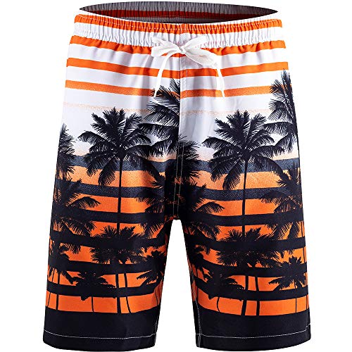 LTIFONE Mens Swim Trunks Quick Dry Beach Boardshorts Drawstring Lightweight with Elastic Waist and Pockets(Orange Palm,M)