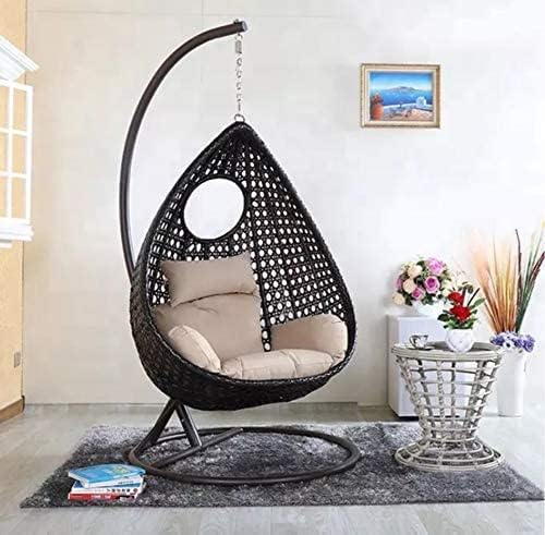 UNIFORT Single Seater Swing Chair with Stand & Cushion Outdoor Indoor Balcony Garden Patio,Wicker,Premium Cushion (Black and Beige)