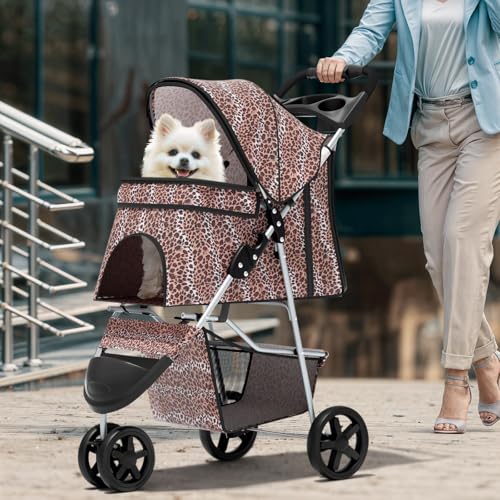 Image of Magshion 3-Wheel Pet Stroller, Foldable Travel Jogger for Small & Medium Dogs & Cats (Up to 33lbs), Lightweight Carrier with Breathable Mesh Cover, Cup Holder & Storage Basket, Leopard Print