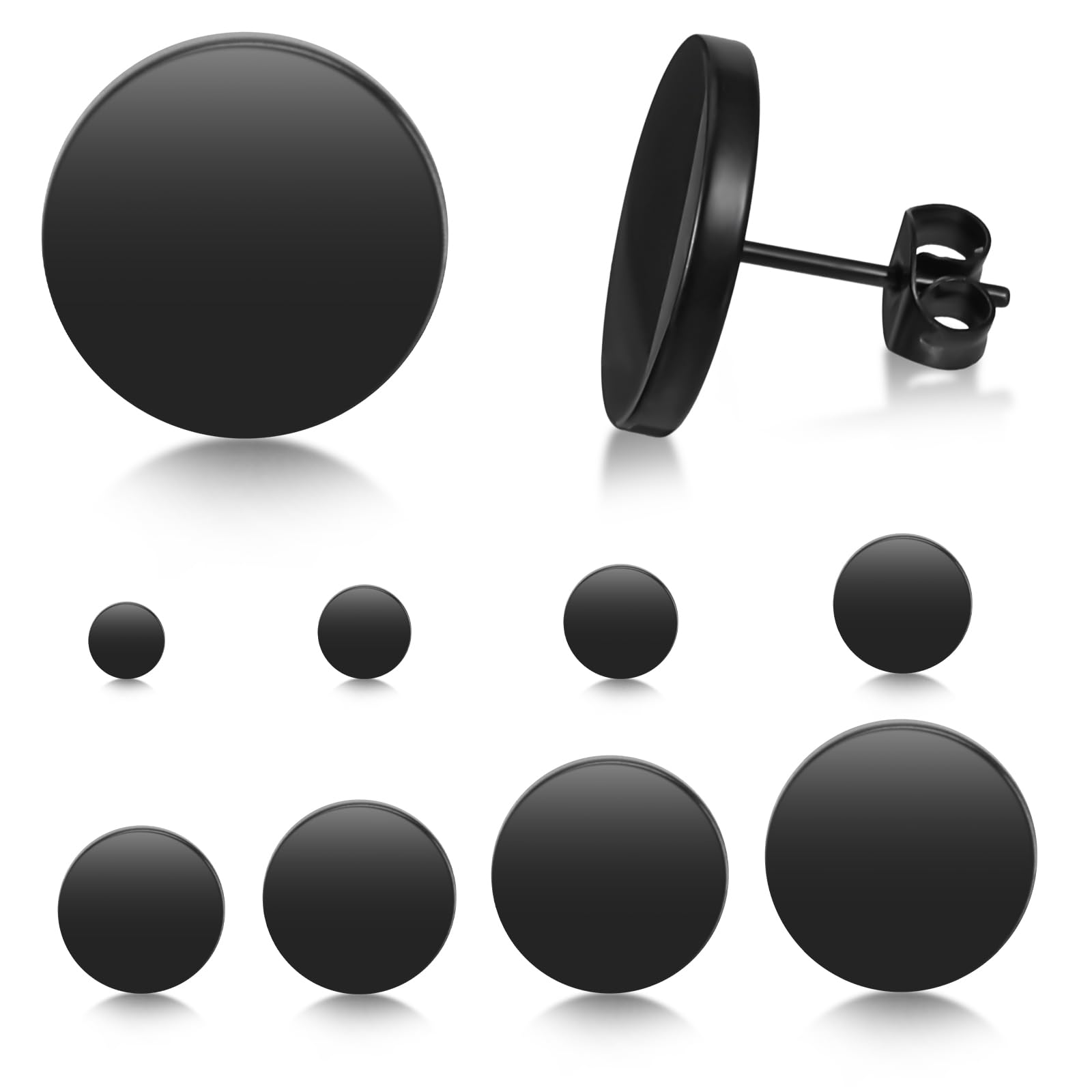 Set 9 Paia Orecchini A Perno In Acciaio Inox Nero - Misure 3-14 Mm, Retro Piatto, Ipoallergenici Per Uomo E Donna