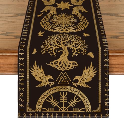 Artoid Mode Gold Wikinger Baum des Lebens Rabe Helm der Ehrfurcht Tischläufer, Saisonnal Tisch Dekoration Drinnen Urlaub Party Dekor 40x180 cm