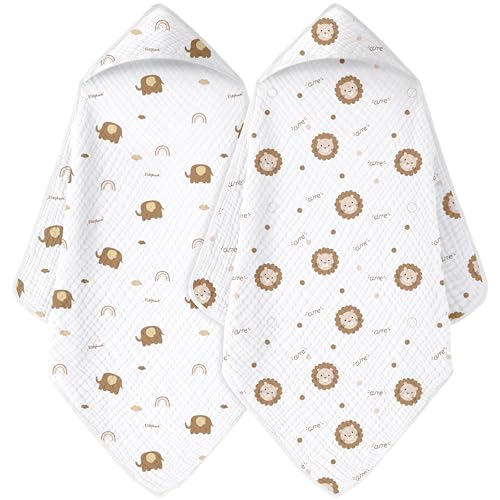 Image of FIEMOL Baby Bath Towels, 100% Muslin Cotton Hooded Baby Towels for Newborn, 2 Pack Baby Towels with Hood for Infant Toddler and Kids, Large 32x32Inch, Soft and Absorbent