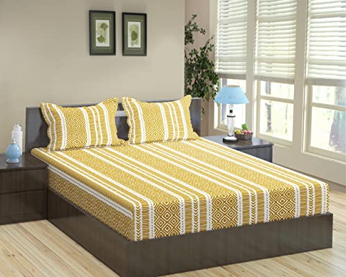 Image of Trance Home Linen 200TC 100% Cotton 72 inchx36 inch Single Bed Size Elastic Fitted Bedsheet | Printed Single Size Bed Elasticated Fitted Bedspread with 1 Pillow Cover (72x36 inch, Aztec Mustard)