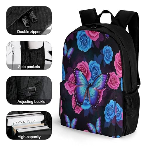 Travel Backpack, Pink Blue Rose Butterfly Durable Spacious Shoulder Bag with Adjustable Strap, Women Men Portable Versatile Daypack3