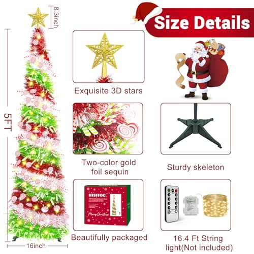 HISFFOG 5FT Pop Up Christmas Tree with 8 Rmote Lights Modes - 3 Color Sequin Tinsel Christmas Tree, Collapsible Artificial Pencil Christmas Trees Decorations for Home, Apartment, Office, Party - image 3