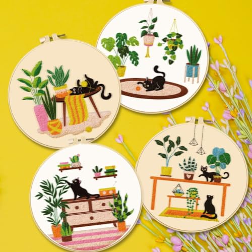 Image of BEUNITONE Kitten Embroidery Kit for Beginenrs Hand Sewing Embroidery Kits with Cat Pattern DIY Embroidery Kit with Kitten Colourful Threads Needles Instructions
