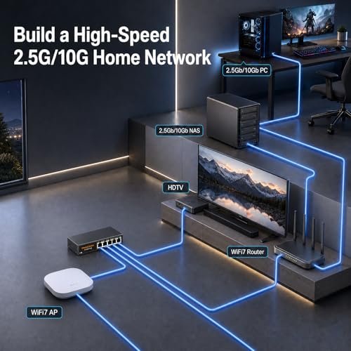 Image of 10Gb Ethernet Switch Unmanaged with 2 x 10G RJ45 Ports + 4 x 2.5G RJ45 Ports, 60Gbps, Fanless Metal, Plug & Play, VLAN, Desktop /Wall Mount for NAS, Gaming, WiFi 7 AP