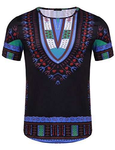 Modfine Men's Short Sleeve Tee Hipster Hip Hop Tribal Style African Dashiki Graphic Longline T-Shirt(Red,L)
