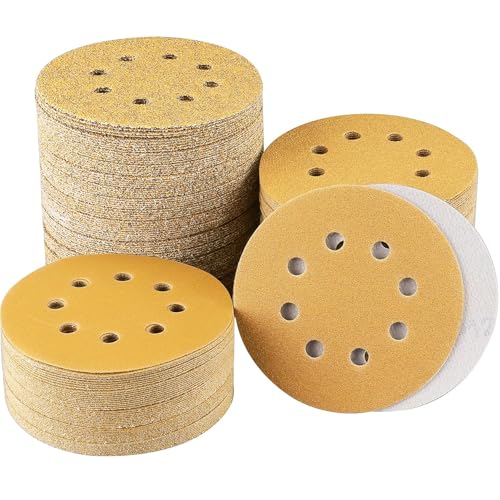 Sruhrak 120 Pcs 125mm Sanding Discs, 40/60/80/100/120/150/180/240/320/400/600/800 Grit Nylon Adhesive Sanding Pads 5 Inch 8 Hole Hook and Loop Sanding Disc for Orbital Sander