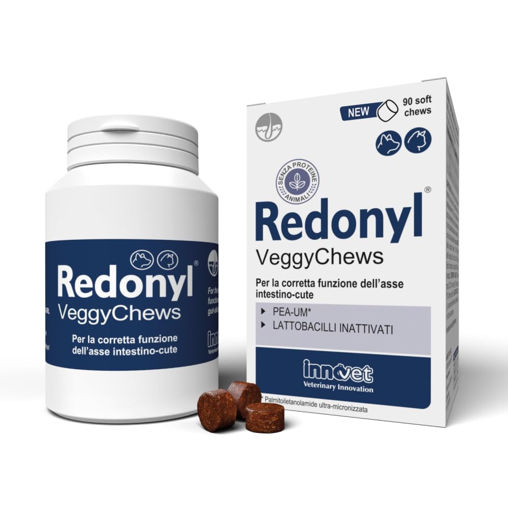 Redonyl Veggy Chews, 90 Snacks masticables Blandos para la Salud de la Piel de Perros y Gatos – para el Correcto Funcionamiento del Eje intestino-Piel – con PEA-um y lactobacilos inactivados