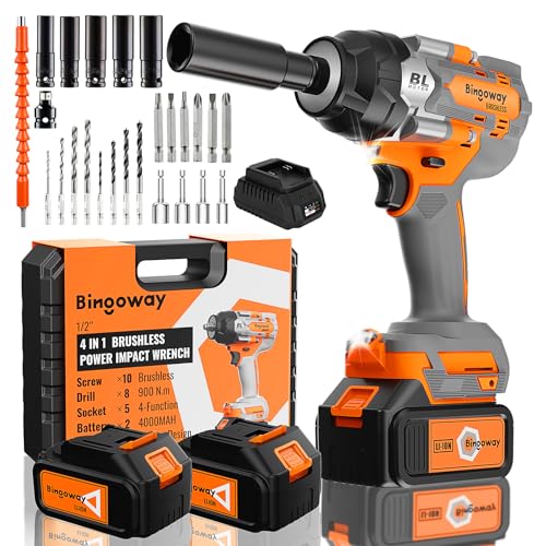 Image of Bingoway 900N.m Brushless Cordless Impact Wrench 1/2", 4-in-1 High Torque 21V Power Electric Impact Gun with 2x4.0Ah Batteries, 5 Sockets, 8 Drills, 10 Screws, LED, Variable Speed for Car Repair Home