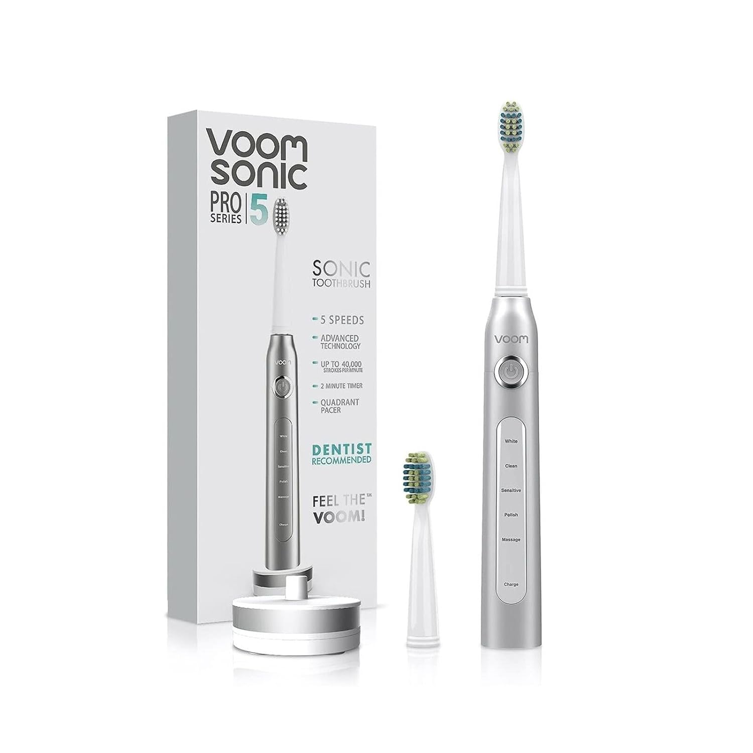 Voom Sonic Pro 5 Series Rechargeable Electronic Toothbrush + Pro 3/Pro 6-Replacement Heads - 2 Minute Timer with Quadrant Pacing, 5 Adjustable Speeds, Soft Dupont Nylon Bristles, Sliver
