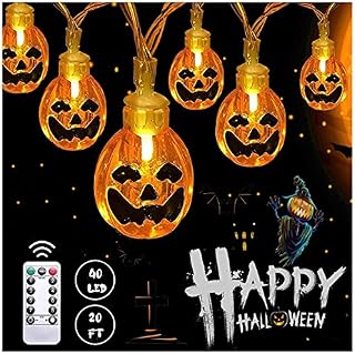 Halloween Lights Indoor Outdoor Decorations, Waterproof LED Pumpkin String Lights, Orange Jack-O-Lantern Battery Operated Lights for Indoor Outdoor Décor, Thanksgiving Night Lights (40 Lights, 20 Ft)