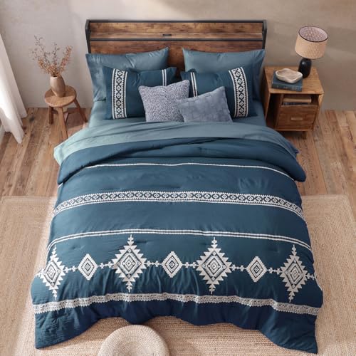 Image of MaiReve Embroidery Queen Comforter Set 7 Pieces Navy Blue Bed in a Bag