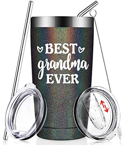 Top Brands Grandma Gifts from Granddaughter Grandson - Best Grandma Ever - Mothers Day Christmas Birthday Gifts for Great New Grandmother Nana Mom Women Her - Insulated Wine Tumbler Cup with Straw Lid and Brush