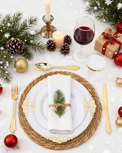 Nervure 175PCS White and Gold Plastic Plates - Disposable Dinnerware Set Include 50 Gold Plates for Dinner and Dessert, 75 Cutlery, 25Cups 25Napkins for Wedding & Party & Thanksgiving - Image 3