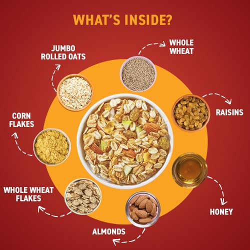Image of Bagrry's Crunchy Muesli - 500g | 83% Multigrain, Brans, Almonds, Raisins & Honey | 40% Fibre Rich Oats | High Fibre and Protein Breakfast Cereal | No Added Preservatives | Non-GMO Oats | 100% Natural | Trans Fat & Cholesterol Free