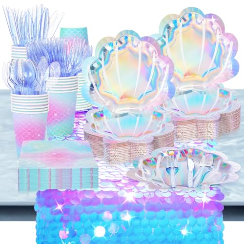 FULJOOY 169 Pcs Mermaid Party Tableware Set Include Paper Dinner Dessert Plates Cups Napkins Cutlery Glitter Tail Colorful Sequin Table Runner for 24 Guests for Under the Sea Birthday Supplies Decor