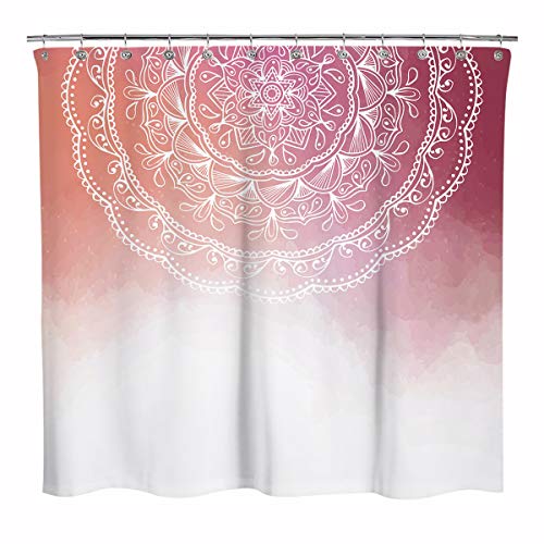 Sunlit Design Watercolor Bohemian Mandala Pattern Fabric Shower Curtain, Peace and Meditation Bathroom Decoration Boho Shower Curtains, Gradient Red and Orange Tapestry