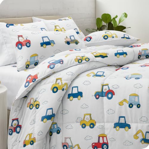 Image of Anjali Overseas 200 GSM 400 TC Kids Glace Cotton Reversible Cartoon Printed Double Bed King Size Comforter with Matching Bedsheet 90 * 100 with 2 Pillow Covers Set of 4 Pieces. Truck