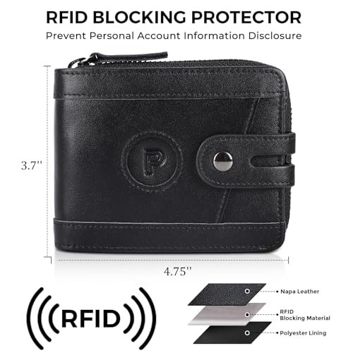 Image of Polare Napa Leather Bifold Wallet for Men RFID Blocking Card Case with AirTag Slot and YKK Zip Coin Pocket (Black)