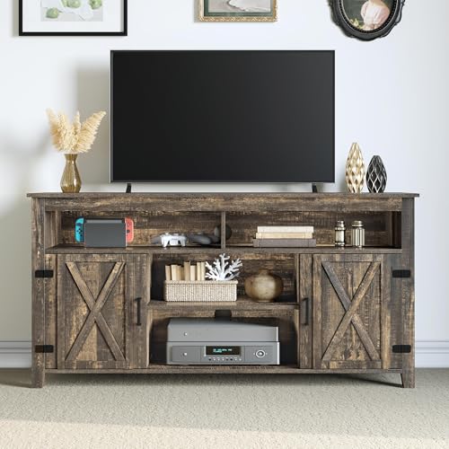 DWVO TV Stands for Living Room, Farmhouse Entertainment Center for 65 Inch TV, Rustic TV Console with Storage and Barn Door, Console Table Media Television Stands, 59 Inches, Light Rustic Oak
