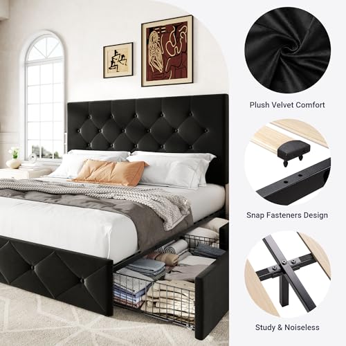 Image of Allewie Upholstered Full Size Platform Bed Frame with 4 Storage Drawers and Adjustable Headboard, Diamond Button Tufted, Wooden Slats Support, Noise-Free, No Box Spring Needed, Easy Assembly, Black