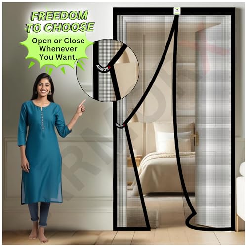 Image of ARMORX High Tensile Polyester Magnetic Door Mosquito Net | Self Closing Magnets with Buckle Strap, Protection from Insects, Pets & Kids Friendly | Black - 220cm x 115cm