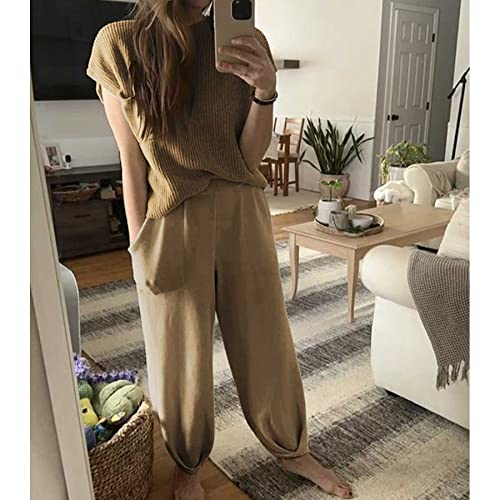 Ainangua Women's Casual Two Piece Outfits Sweater Sets Knit Pullover Tops High Waisted Harem Pants Lounge Sets(Khaki,L) #TOP4