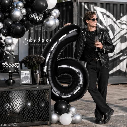 Image of Race Car 40 Inch Black 6 Big Large Helium Balloon Number 0-9 | Track Giant Digital 6th Foil Mylar Party Balloons for Men Birthday Car Theme Party Anniversary Graduation Decorations
