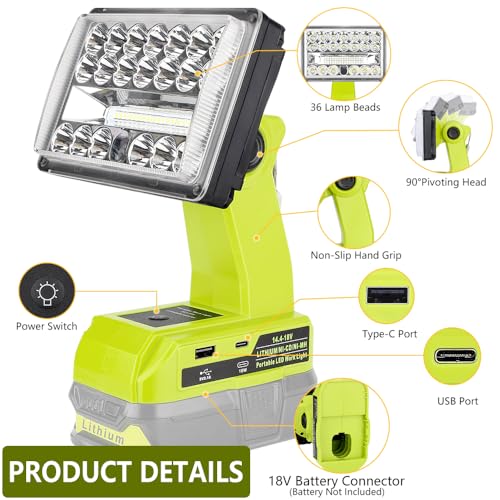 Image of Choerinton Work Light Compatible with Ryobi 18V Battery, 18W Light Cordless Portable Jobsite with USB Charging Port, 20000LM Outdoor Rechargeable LED Floodlight for Car Repair, Camping, Hiking