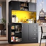 vutizal Armario buffet con iluminación LED – 4 puertas, 2 cajones, estantería para aperitivos y armario de cocina de MDF, 120 x 40 x 188 cm, diseño negro con encimera