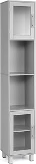 COSTWAY Bathroom Tall Cabinet, Freestanding Slim Storage Cupboard with Tempered Glass Doors, 2 Open Shelves and Adjustable Shelf, Wooden High Floor Cabinet for Living Room Kitchen Hallway (Grey)