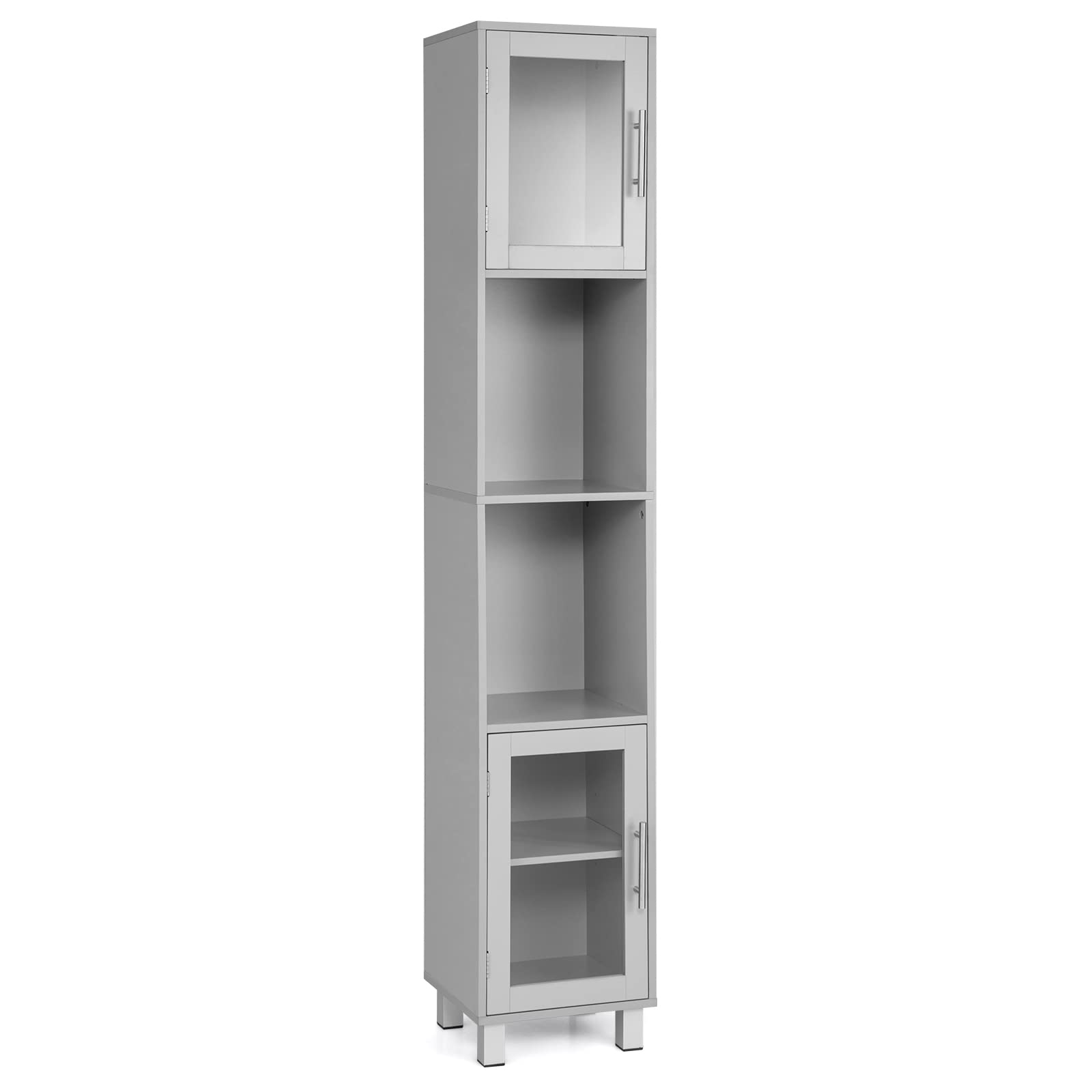 COSTWAY Bathroom Tall Cabinet, Freestanding Slim Storage Cupboard with Tempered Glass Doors, 2 Open Shelves and Adjustable Shelf, Wooden High Floor Cabinet for Living Room Kitchen Hallway (Grey)