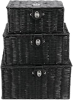 PINGEUI Set of 3 Resin Black Wicker Woven Lidded Storage Baskets, Hamper Storage Boxes with Lid and Leather Lock, Stackable Resin Organiser for Gift, Clothes, Toiletries, Small/Medium/Large