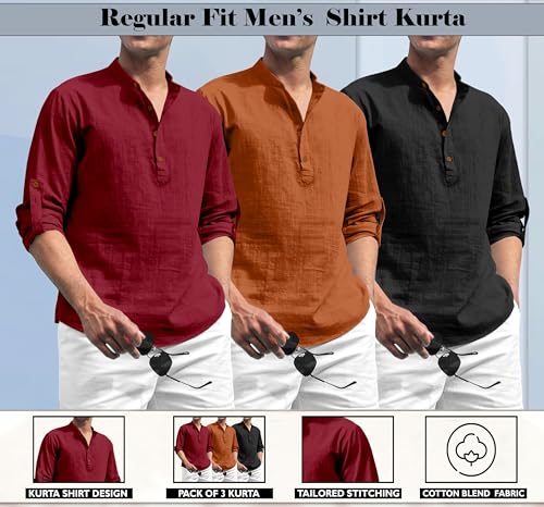 Image of Zombom Combo of Men's Solid Cotton Polyester Blend Full Sleeve Mandarin /Chinese Collor Straight Kurta Shirt (Pack of 3)