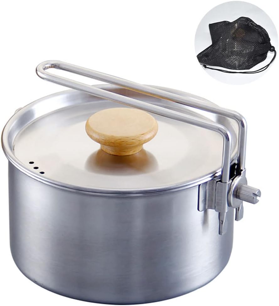 Camping Topf, Edelstahl Kochtopf, Campingkocher Set mit Deckel und faltbarem Griff, 1000ml Großes Fassungsvermögen, für Wandern, Picknick