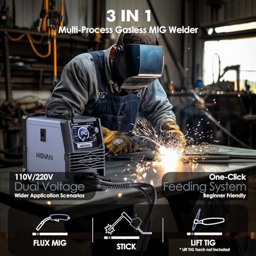 Image of Gasless MIG Welder 110V /220V Dual Votage, 140A Welding Machine, Flux Cored MIG /Lift TIG /Stick ARC 3 in 1 MIGVAN Welders Synergic Control with One-Click Wire Feeding, IGBT DC Inverter with LED Display