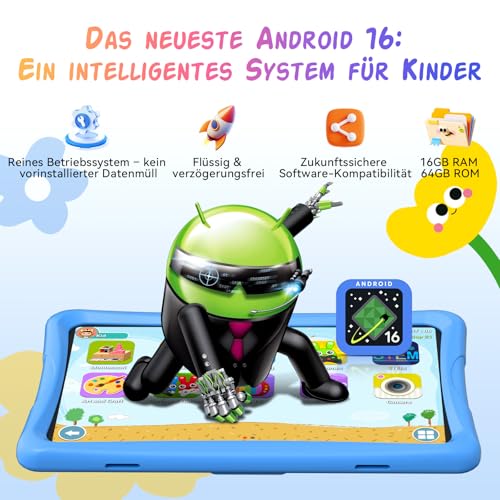 Kinder Tablet 10 Zoll, Android 16 Kinder Tablet ab 3-14 Jahre, 16GB(4+12) RAM + 64GB ROM(2TB Erweiterbar), Augenschutz HD Display… – Ansicht 2