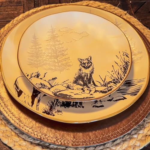 Image of Paseo Road White Pine 16 Piece Ceramic Dinnerware Set, Pine Tree Bear Deer Moose Fox Print, Modern Rustic Cabin Lodge Dish Set with Plates, Bowls, Mugs